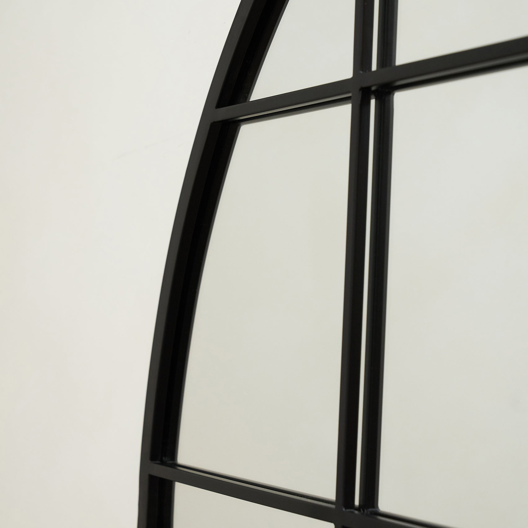 Detail shot of Full Length Extra Large Black Arched Metal Window Mirror arch