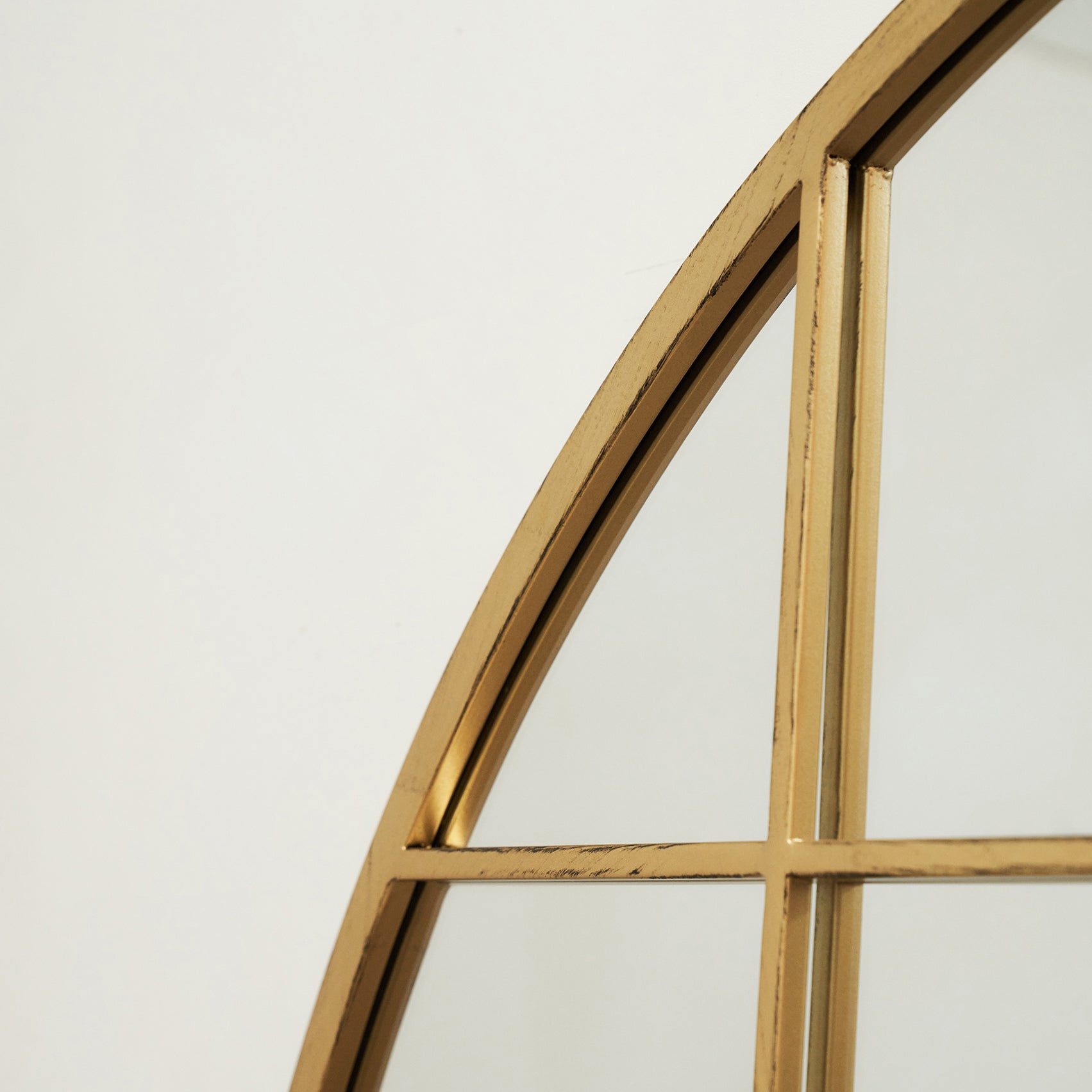 Closeup of Full Length Extra Large Gold Arched Metal Window Mirror arch