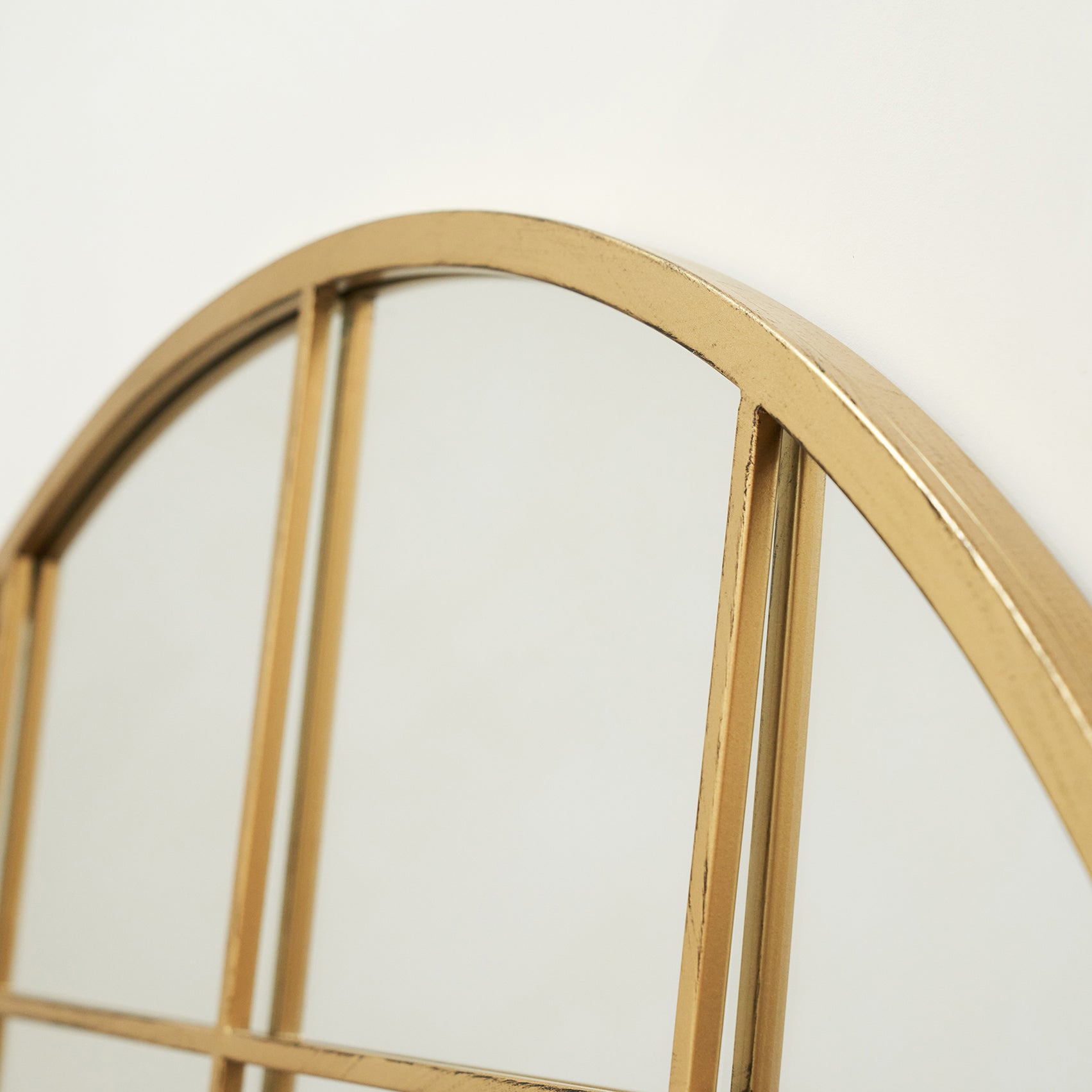 Detail shot of Full Length Extra Large Gold Arched Metal Window Mirror arch