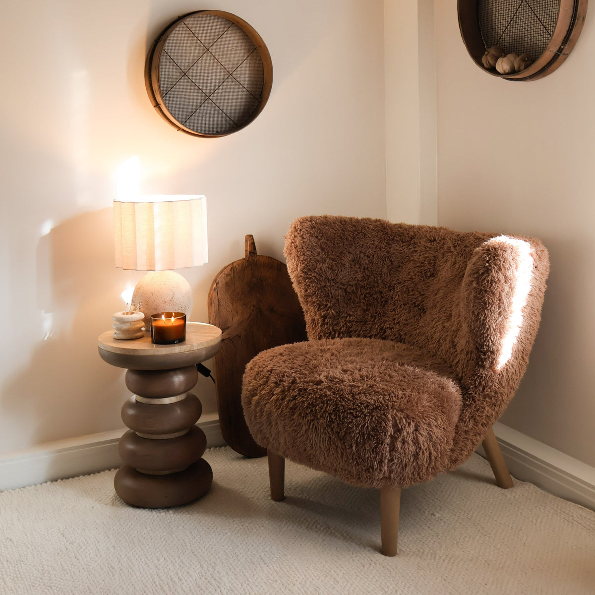 Chester - Fur Accent Chair Brown & Warm Wood