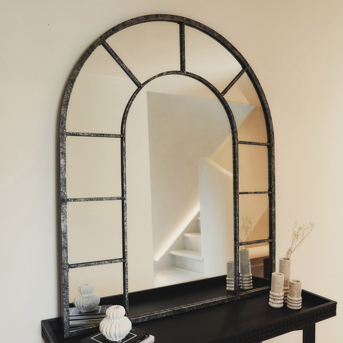 Chicago - Crushed Black Industrial Arched Metal Wall Mirror 119cm x 99cm