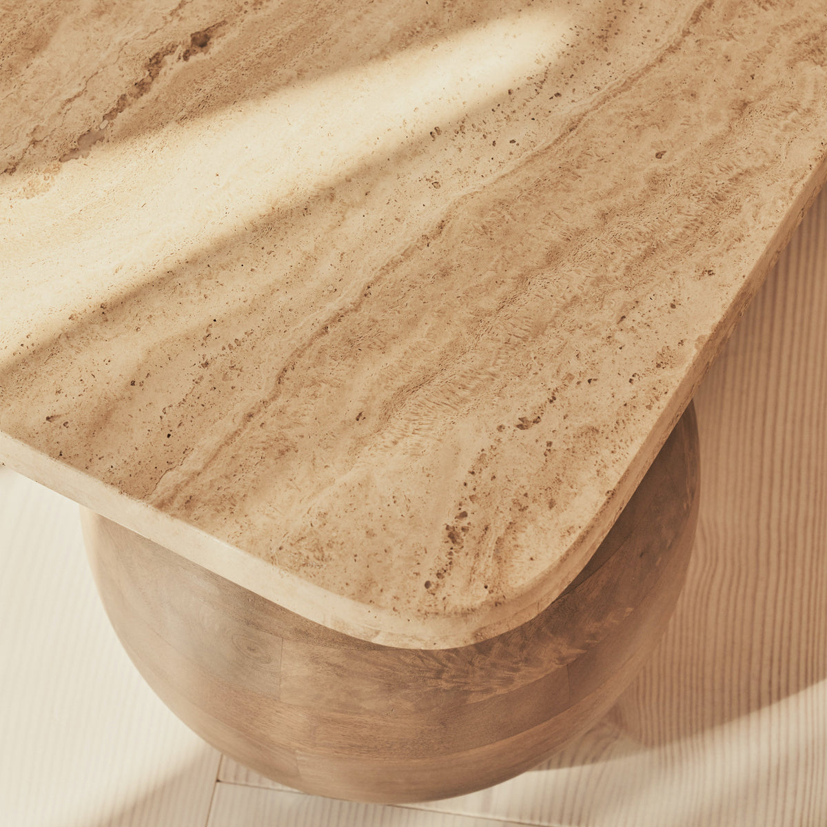 Melrose - Beige Travertine Square Warm Wood Premium Coffee Table
