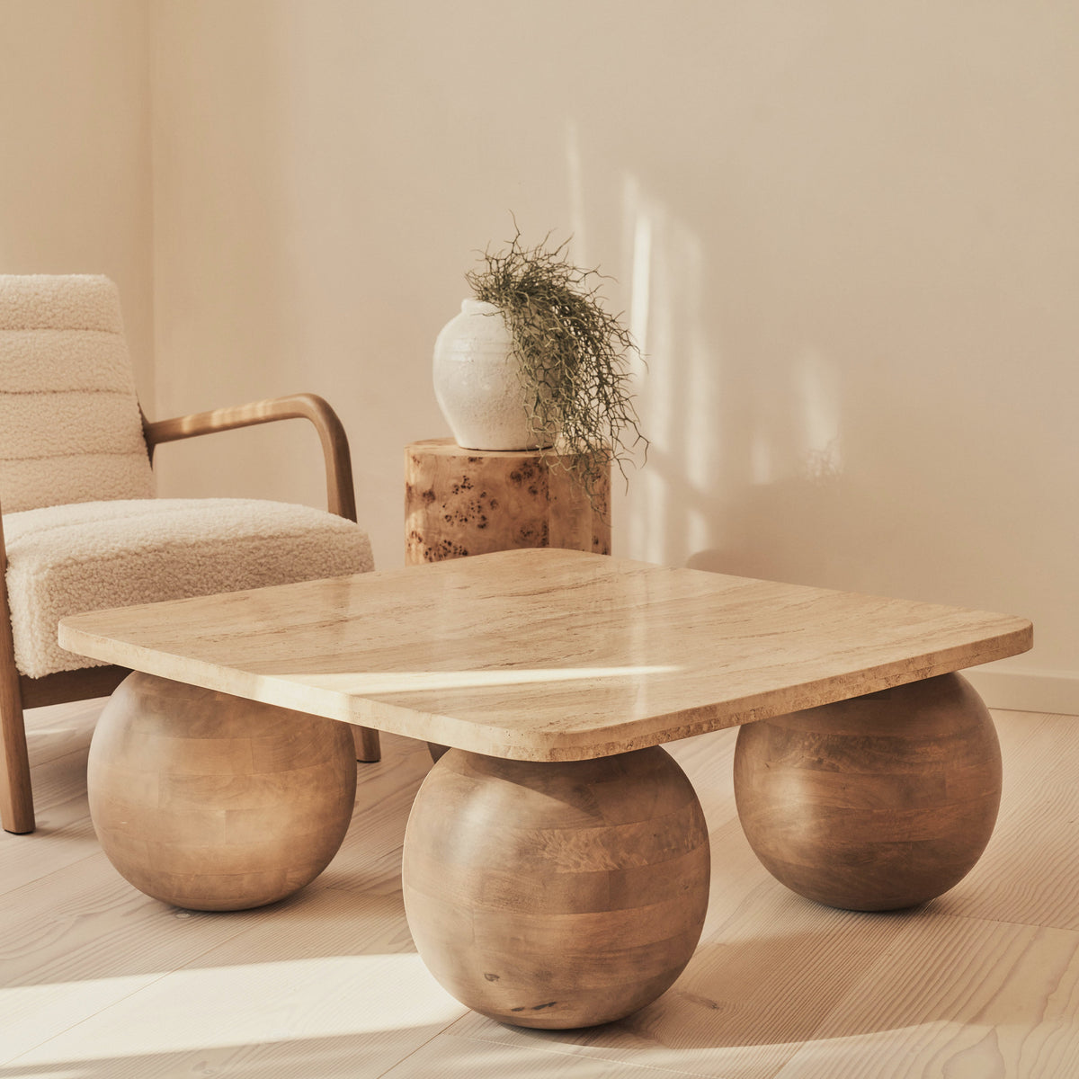 Melrose - Beige Travertine Square Warm Wood Premium Coffee Table