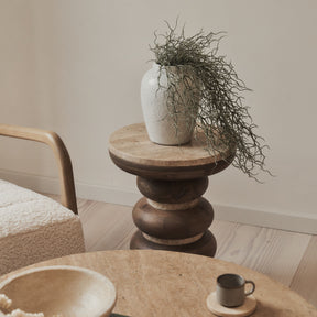 Belgravia - Beige Travertine Round Warm Wood Premium Side Table