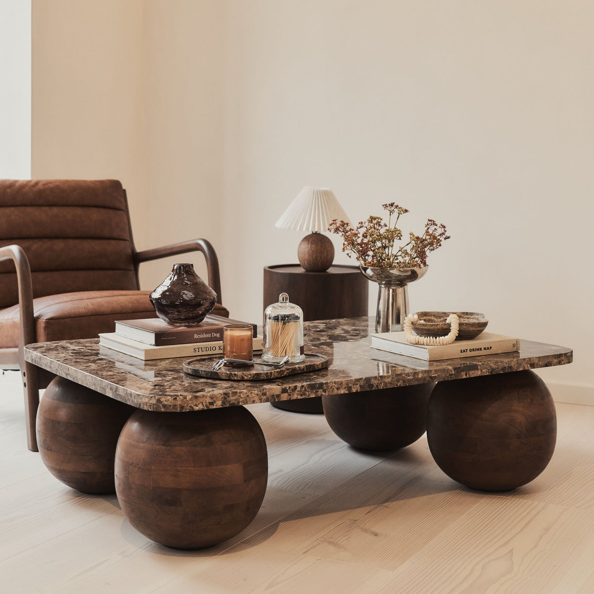 Melrose - Dark Emperador Marble Rectangular Dark Wood Premium Coffee Table