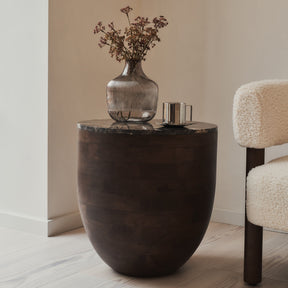 Lyra - Dark Emperador Marble Round Dark Wood Premium Side Table