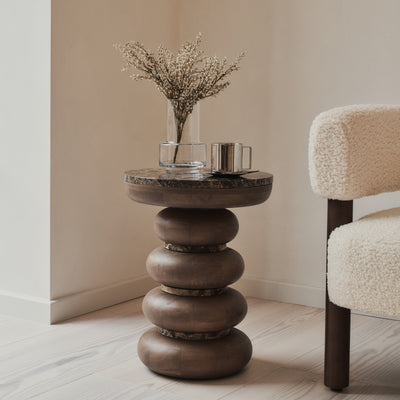 Belgravia - Dark Emperador Marble Round Warm Wood Premium Side Table