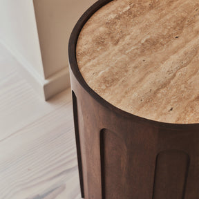 Valor - Beige Travertine Round Dark Wood Premium Side Table