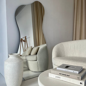 White Textured Terracotta Large Vase beside frameless pond mirror