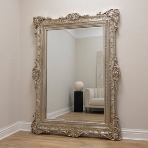 Champagne Ornate Floor Mirror leaning against wall