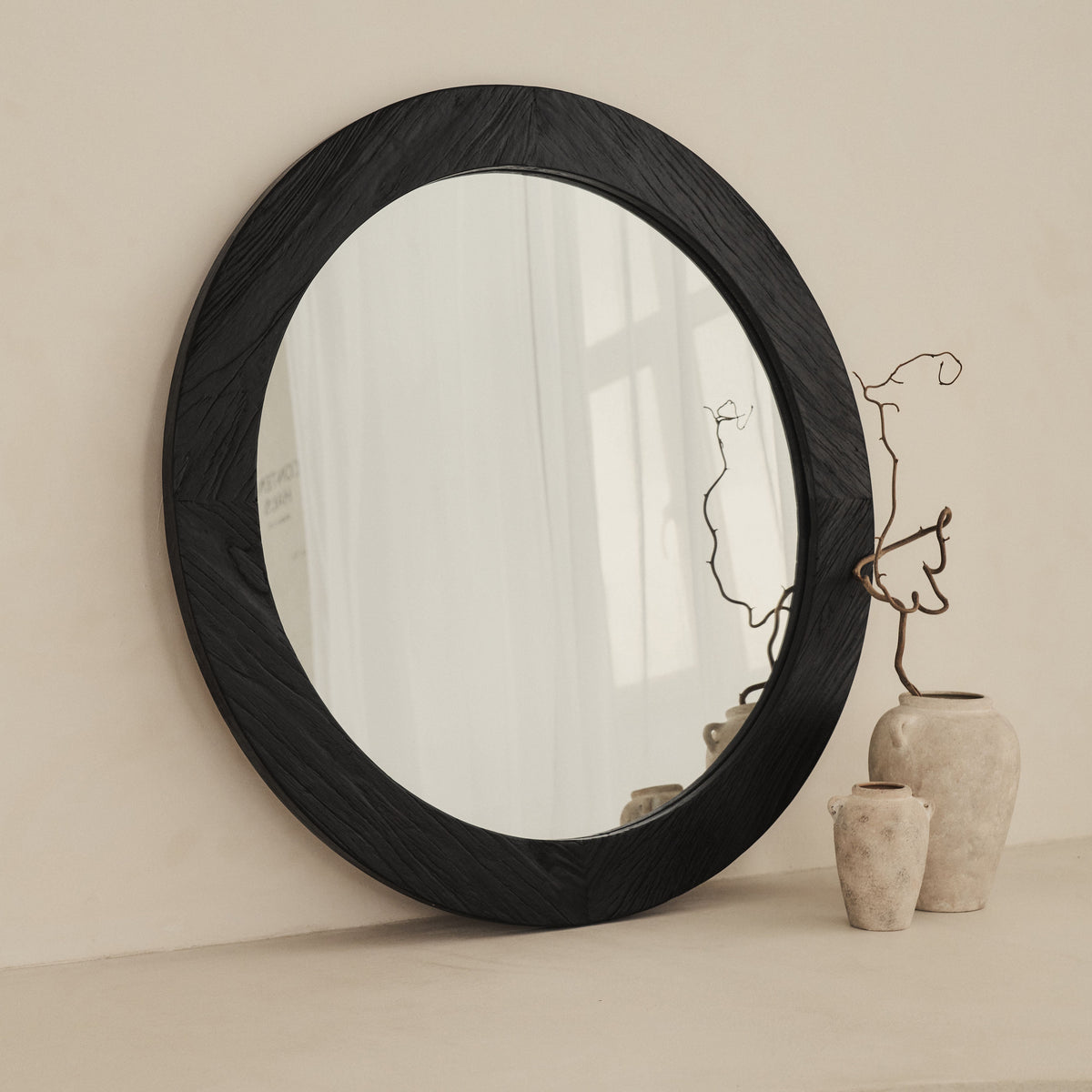 Elowyn - Large Black Elm Wood Round Organic Wall Mirror 100cm x 100cm