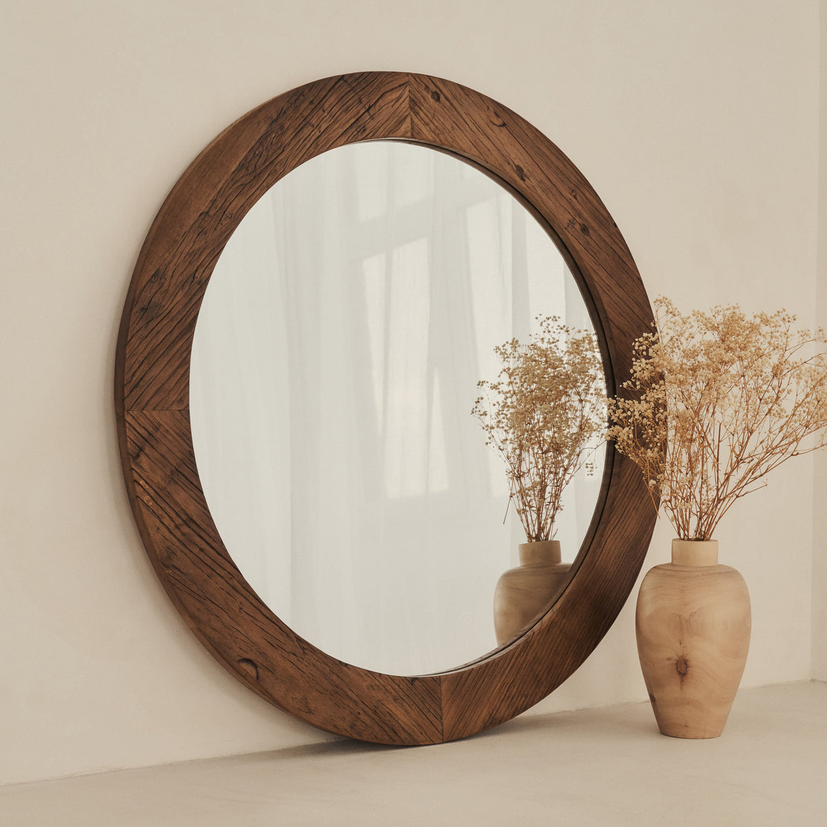 Elowyn - Large Warm Elm Wood Round Organic Wall Mirror 100cm x 100cm