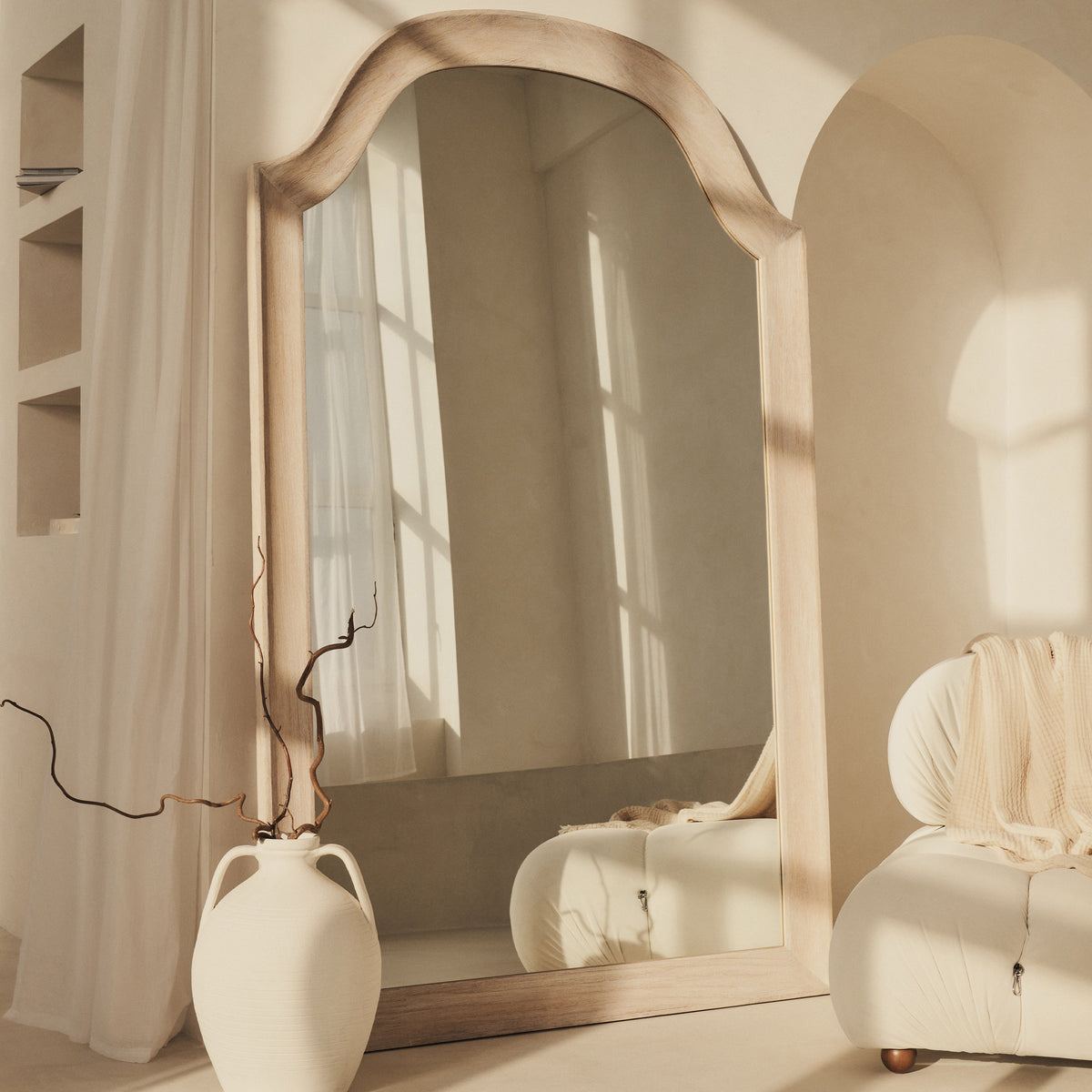 Francisco - Extra Large Arched Full Length White Washed Wood Mirror 190cm x 120cm