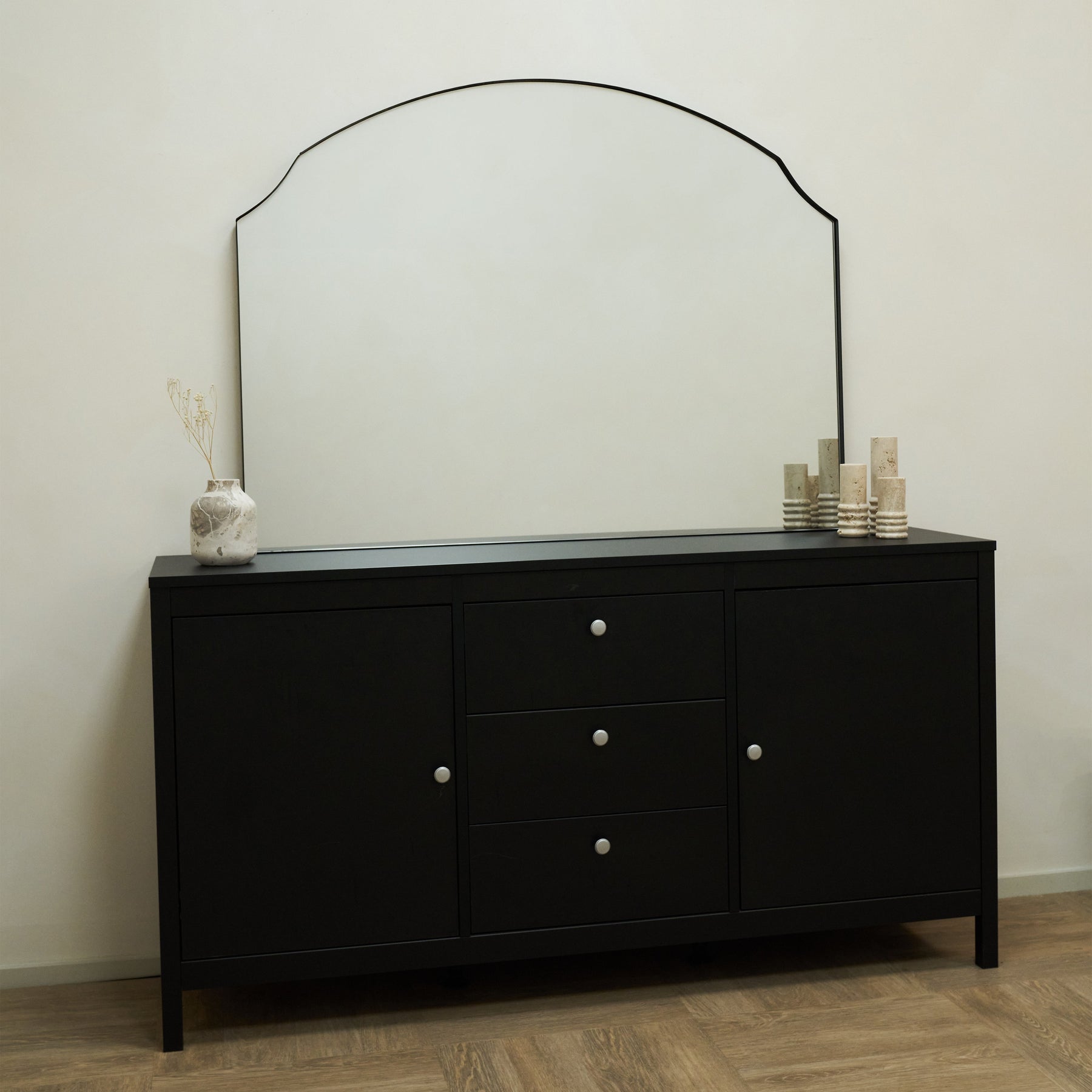 Isla - Black Wide Arched Metal Overmantle Wall Mirror 120cm x 90cm