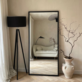 Full Length Black Industrial Metal Mirror in living room