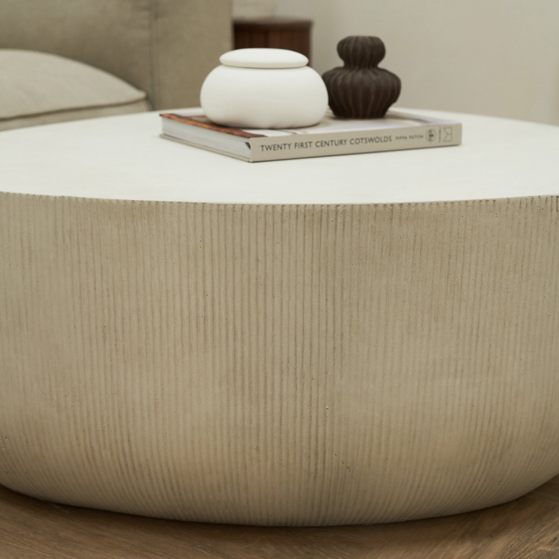 Detail shot of Minimal Concrete Irregular Shaped Coffee Table Large ribbed side