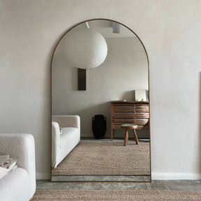 Gold Full Length Arched Metal Mirror as living room lean to