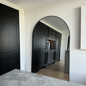 Black Full Length Arched Metal Mirror a kitchen lean to