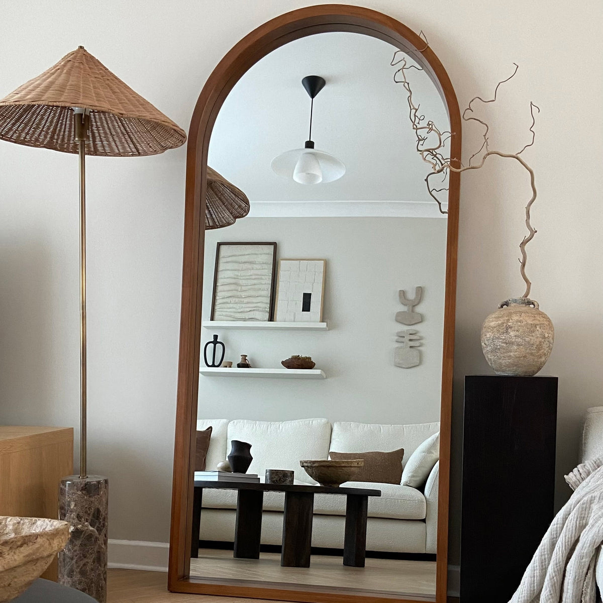 Walnut Organic Full Length Wooden Arched Mirror as living room lean to