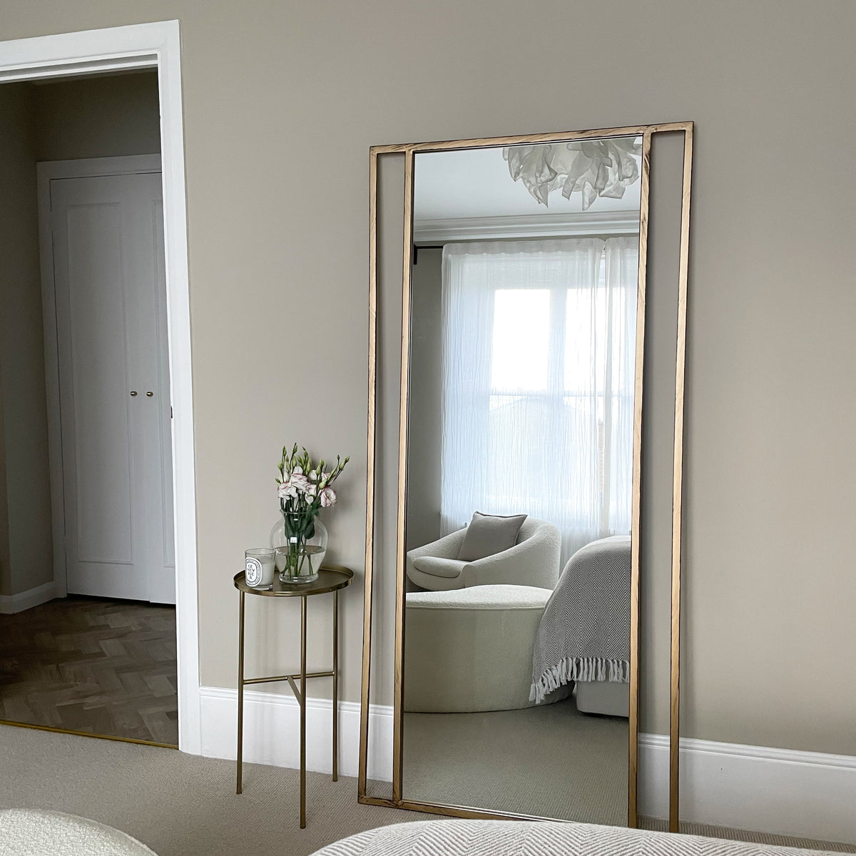 Full Length Gold Metal Mirror in lounge