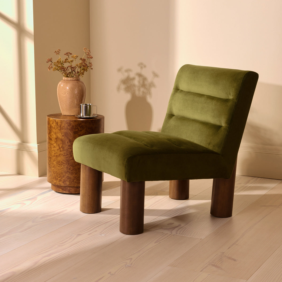 Rowan - Velvet Accent Chair Olive & Dark Wood