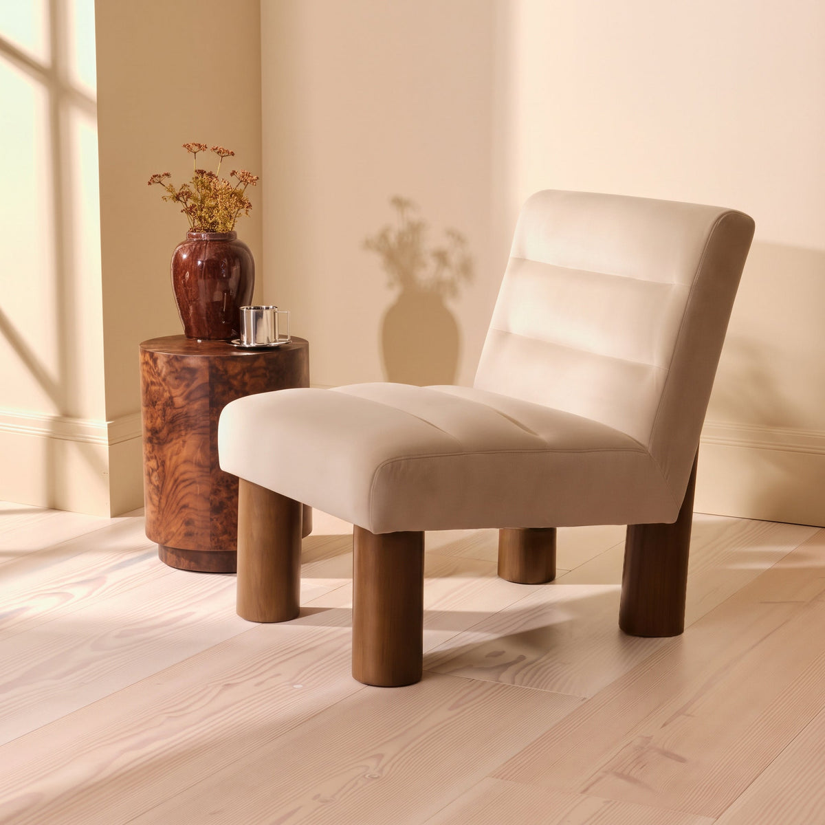 Rowan - Velvet Accent Chair Beige & Dark Wood