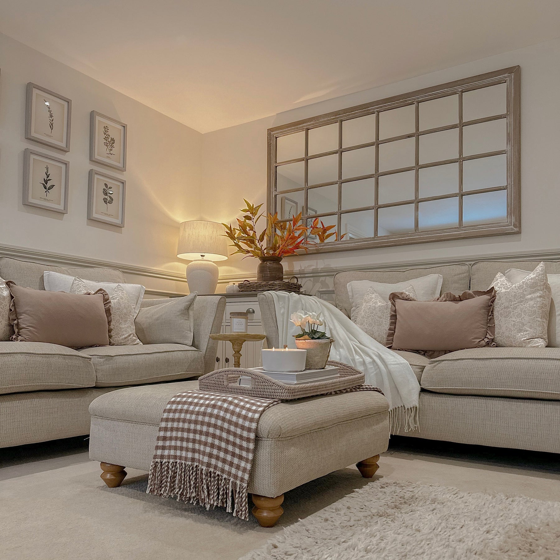 Oak Shabby Chic Full Length Window Mirror above sofa