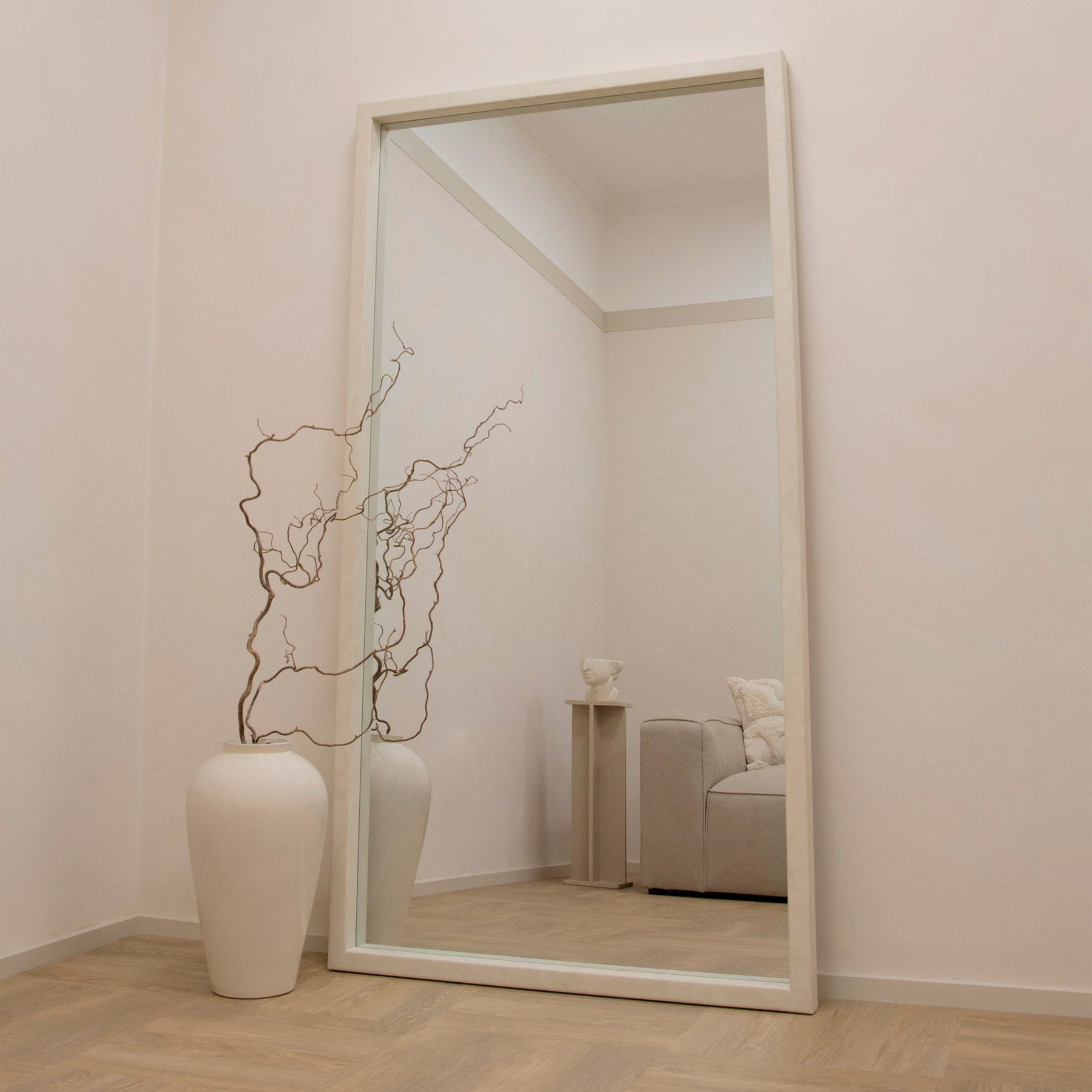 Full Length Extra Large Rectangular Concrete Mirror opposite sofa