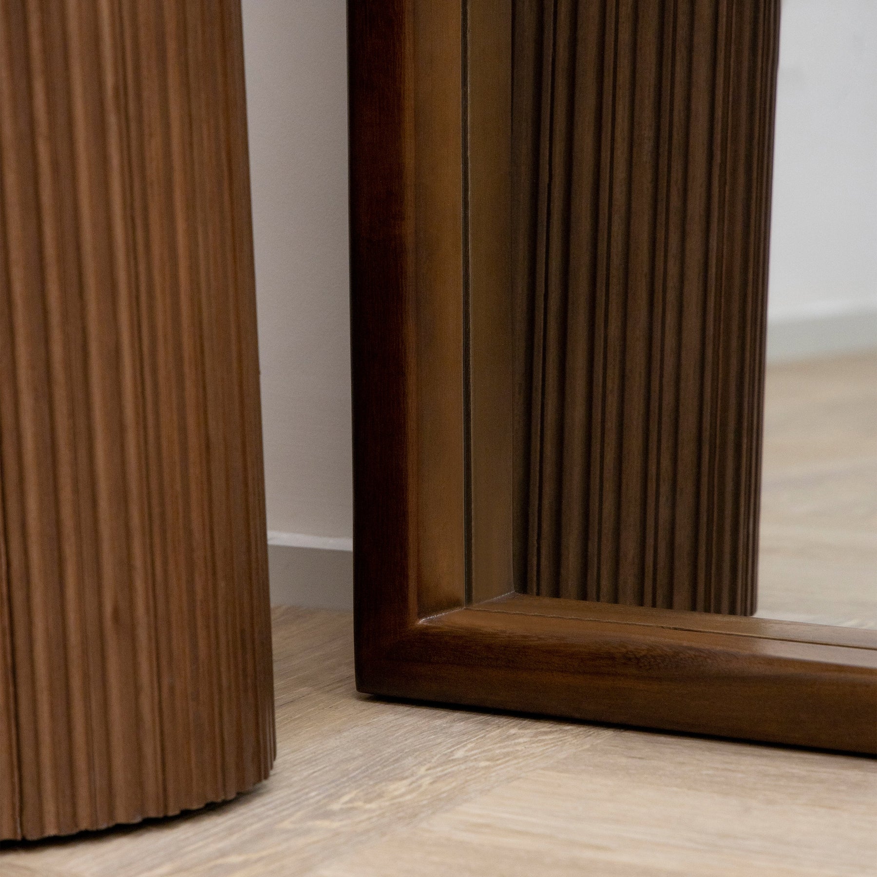 Alternate detail shot of Full Length Extra Large Arched Walnut Mirror corner