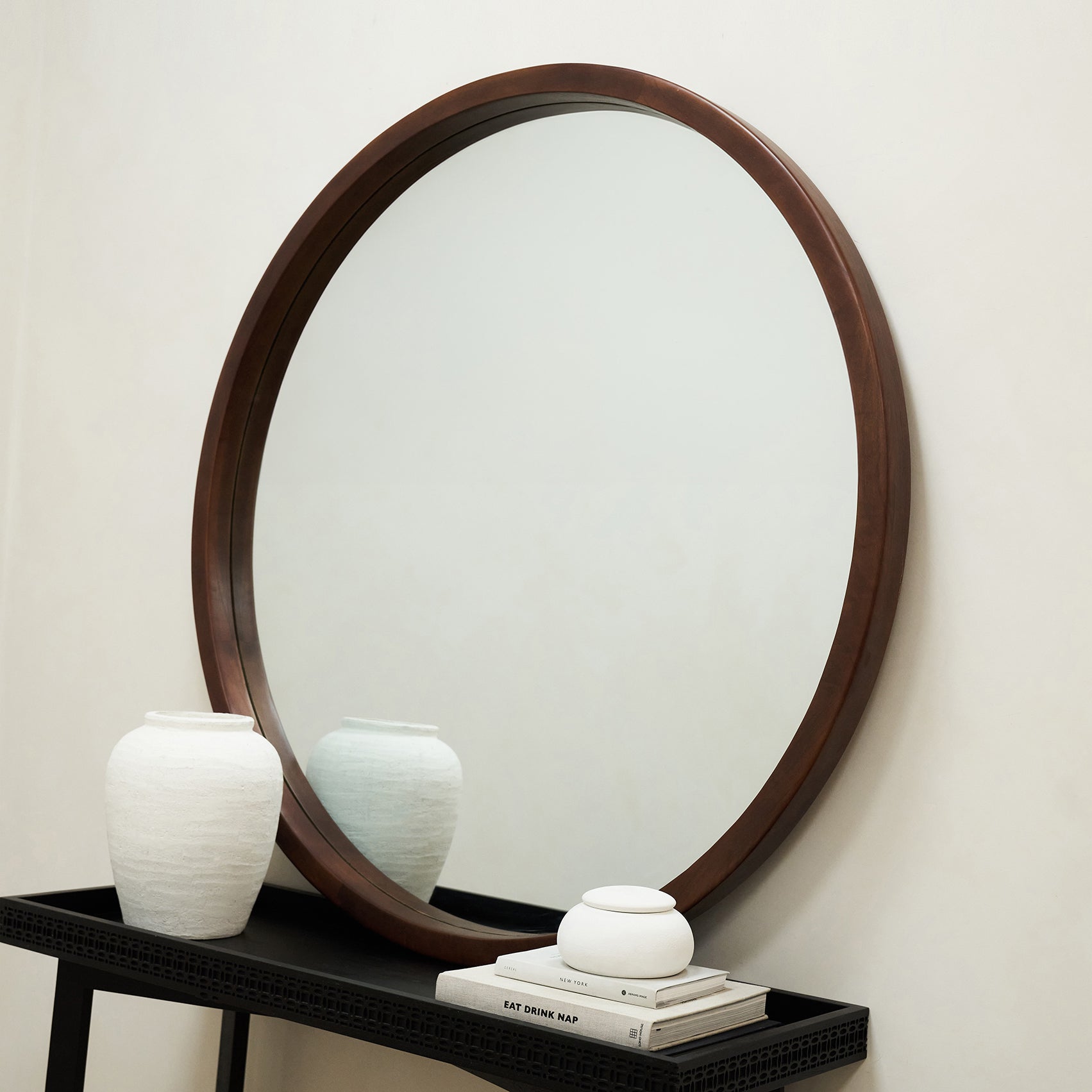 Extra Large Walnut Round Wall Mirror on console table