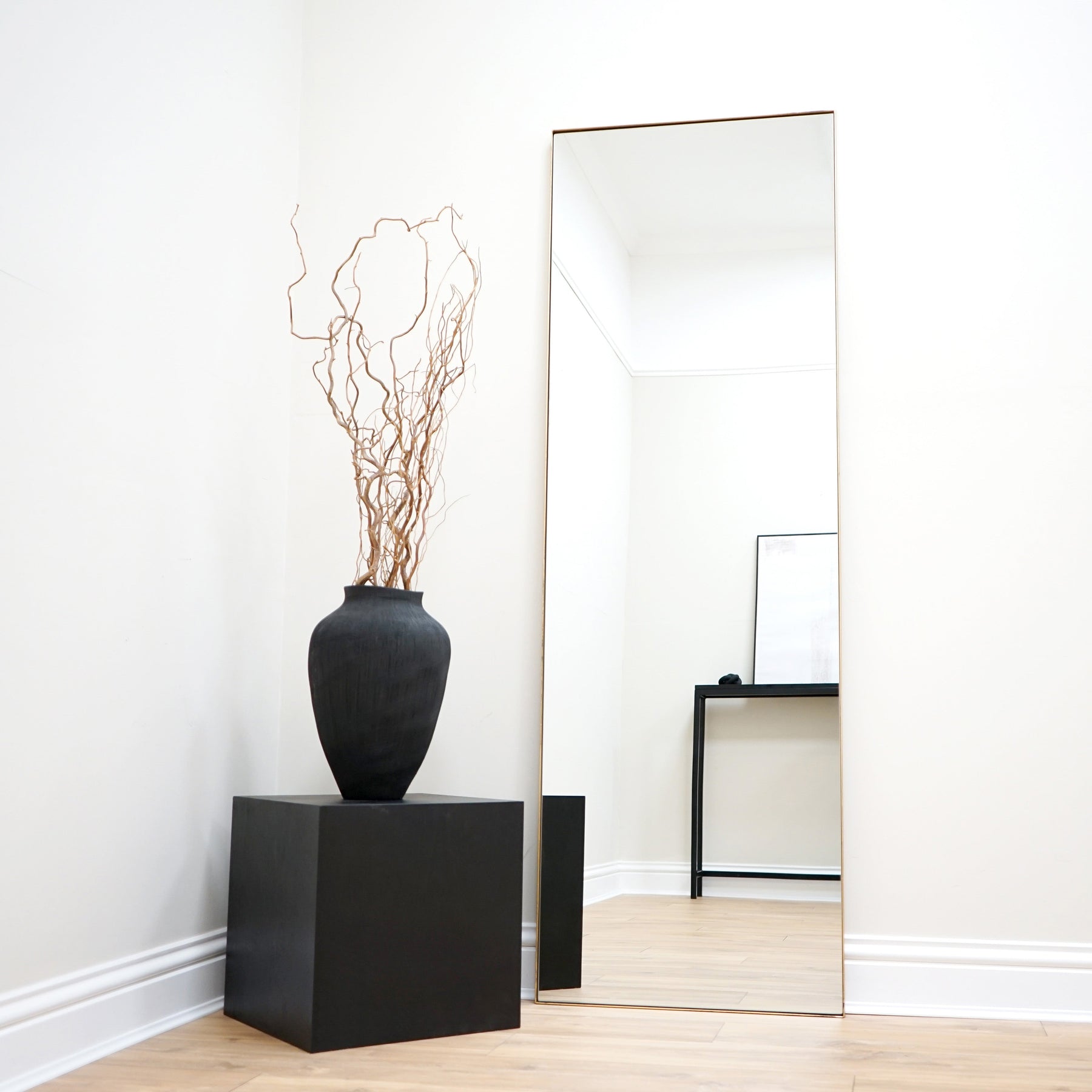 Full Length Gold Rectangular Large Metal Mirror opposite console table