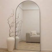 Full Length Black Arched Large Metal Mirror opposite sofa