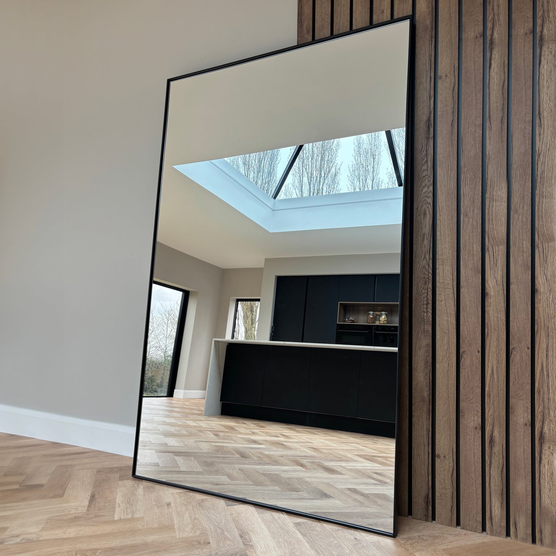 Full Length Black Extra Large Metal Mirror as kitchen lean to