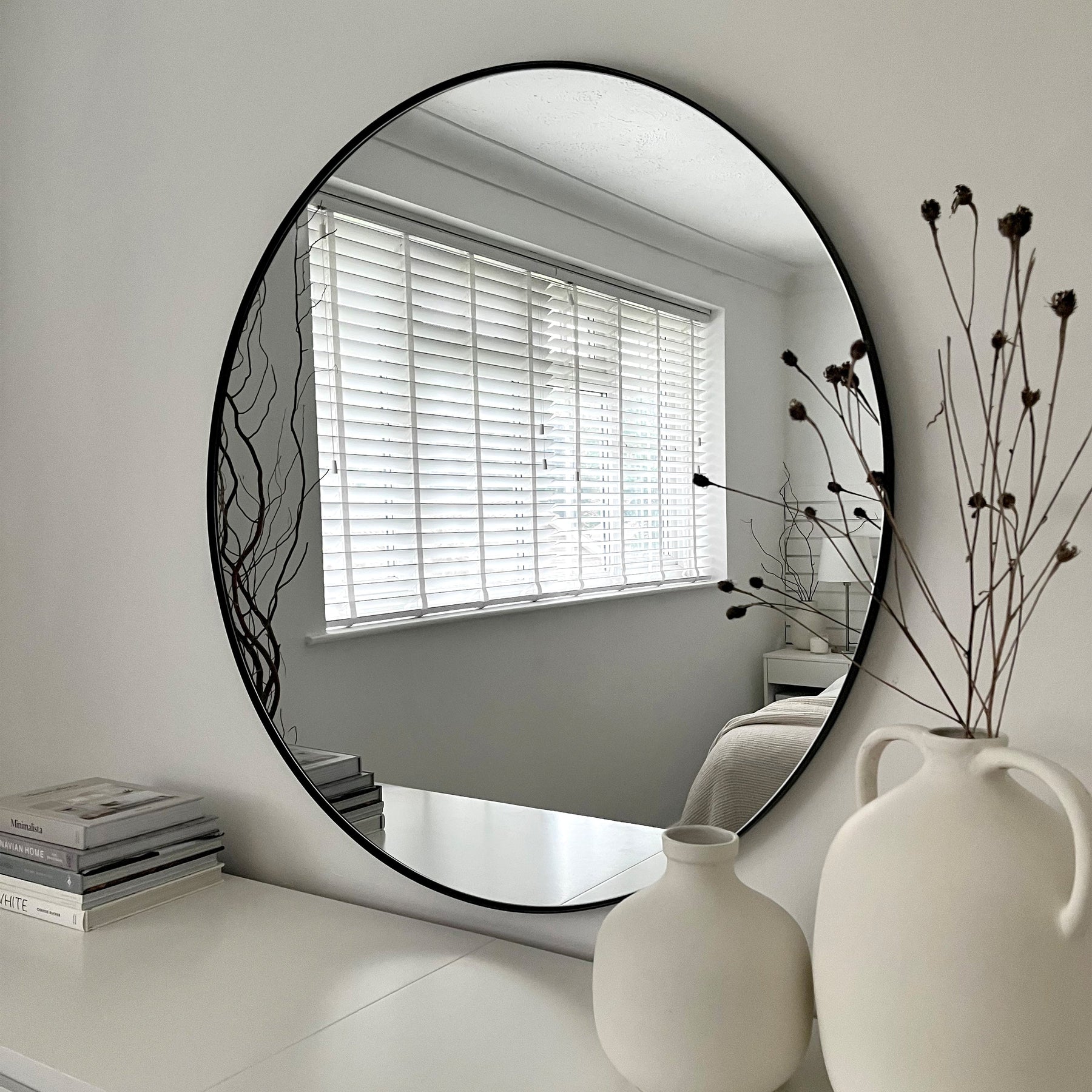 Black Round Metal Large Wall Mirror above console table