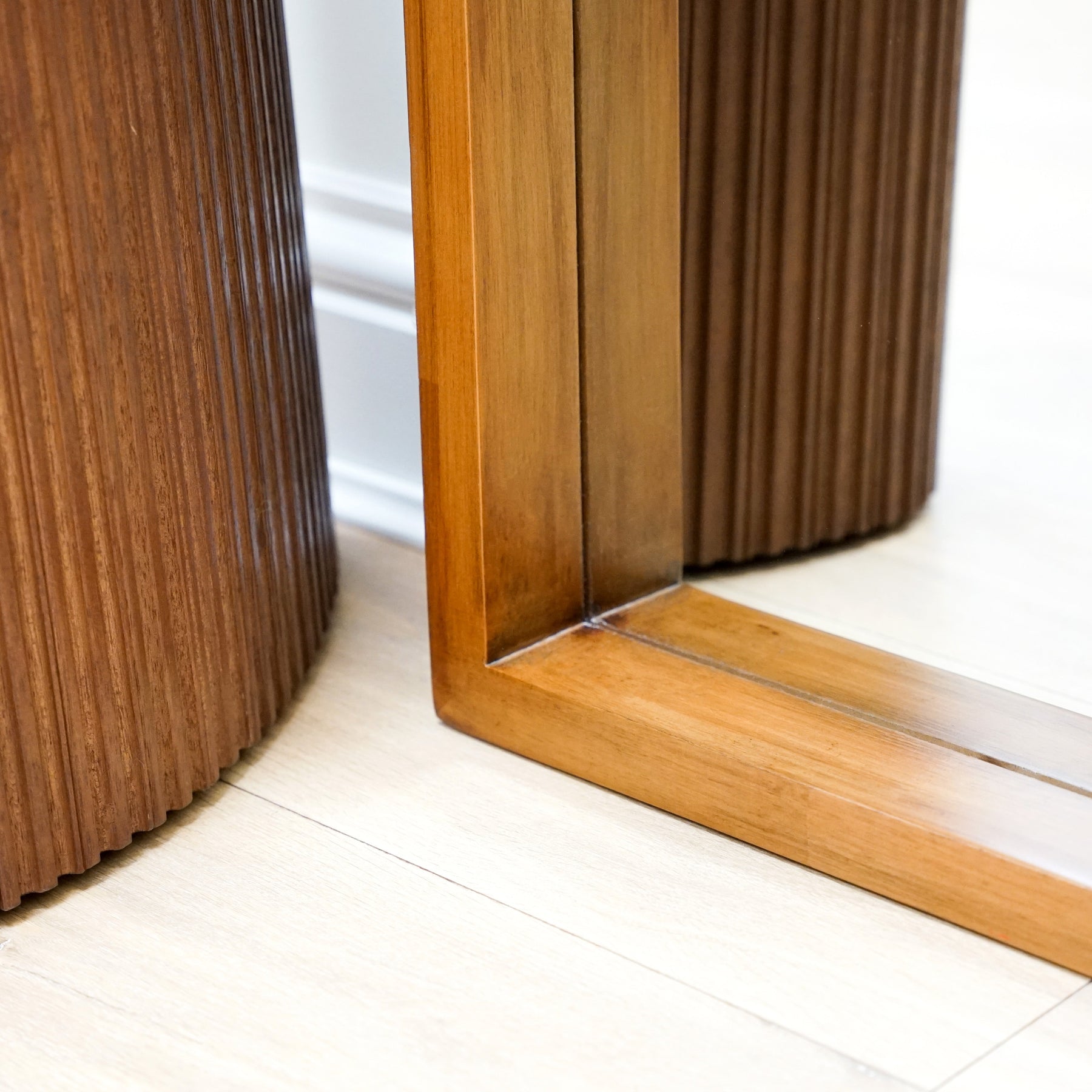 Walnut Organic Full Length Wooden Arched Mirror detail shot of wooden frame corner