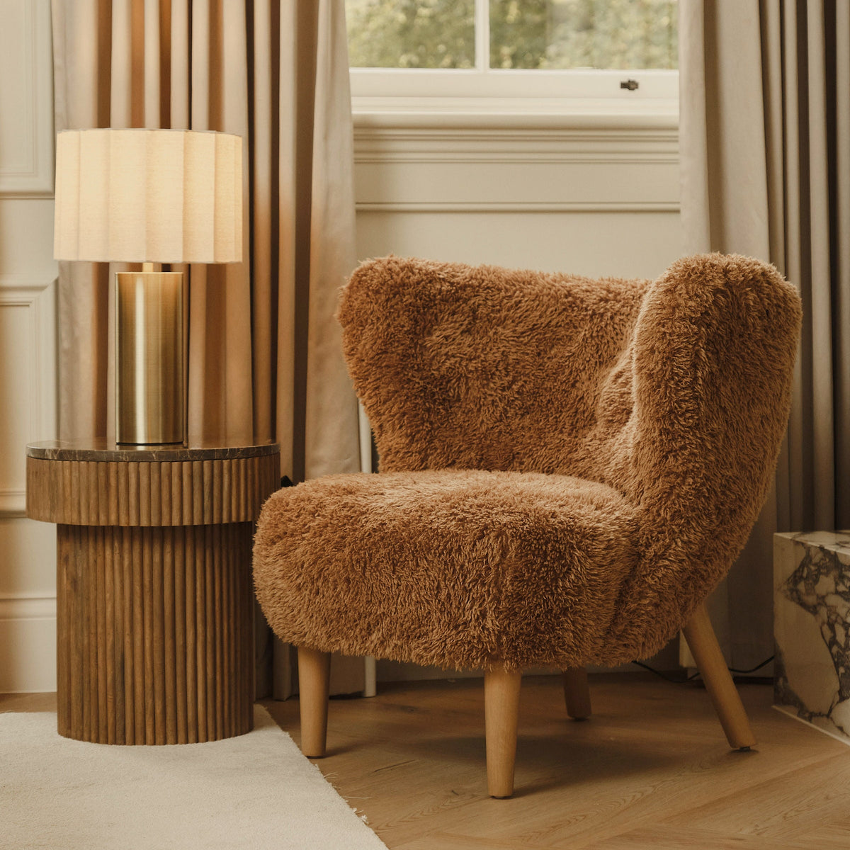 Chester - Fur Accent Chair Brown & Warm Wood