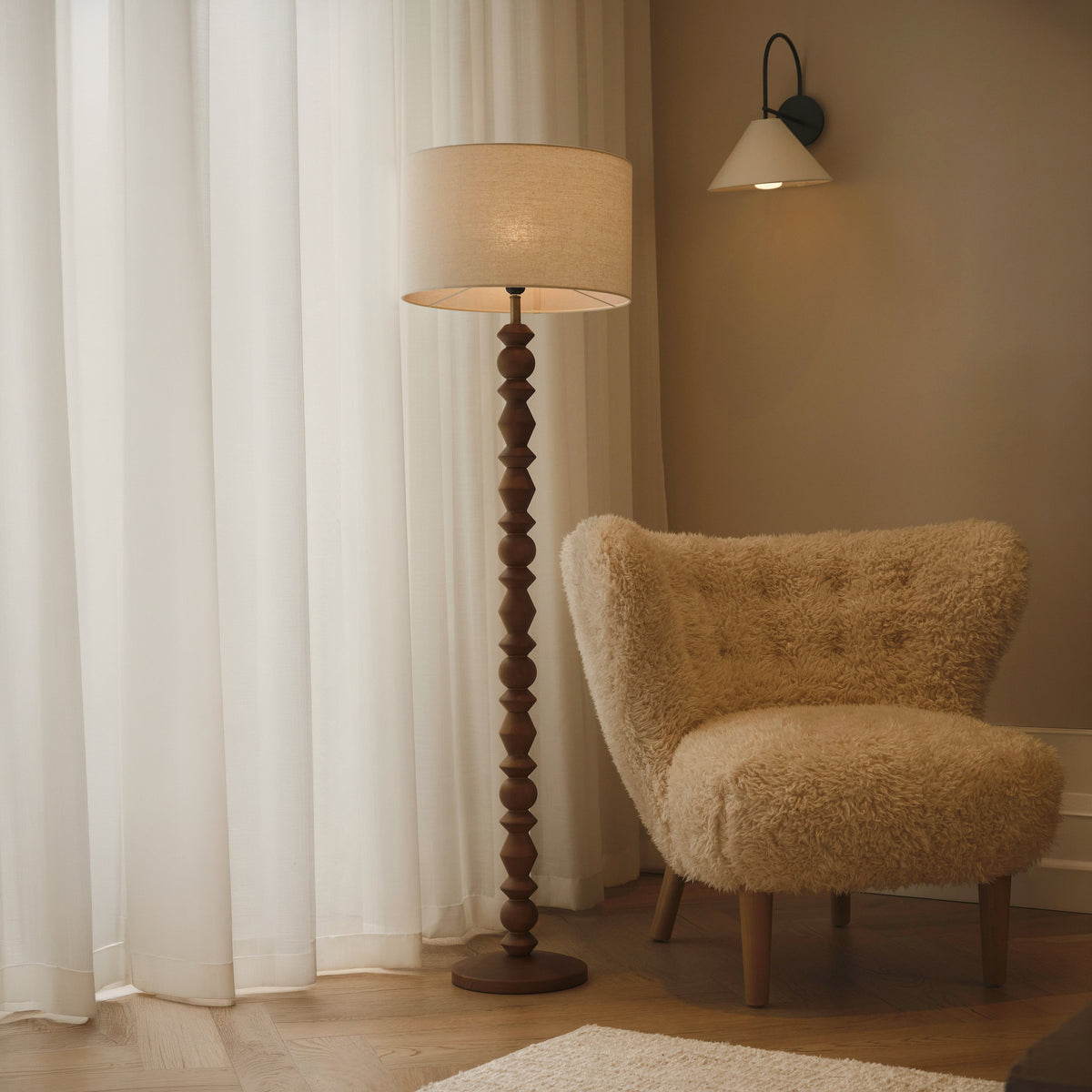 Ivy - Dark Wood Drum Shade Floor Lamp