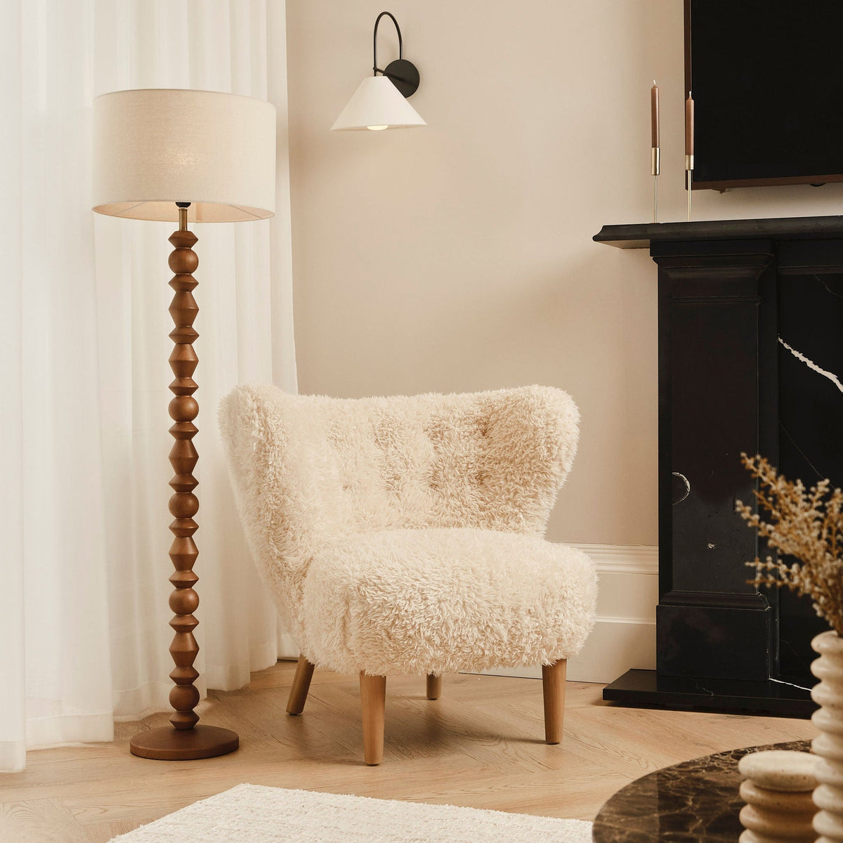 Ivy - Dark Wood Drum Shade Floor Lamp