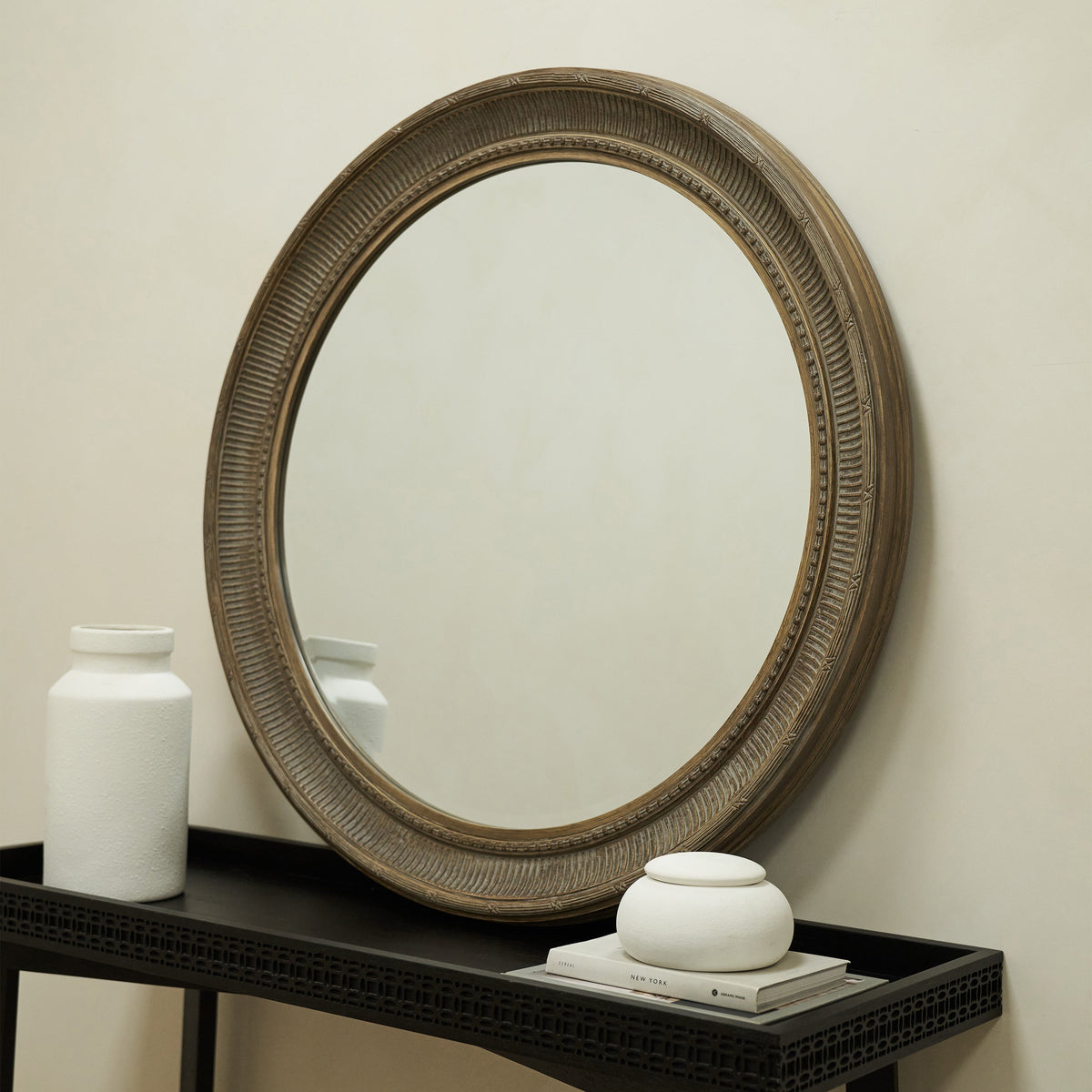 Antoine - Large Washed Wood Round Wall Mirror 90cm x 90cm