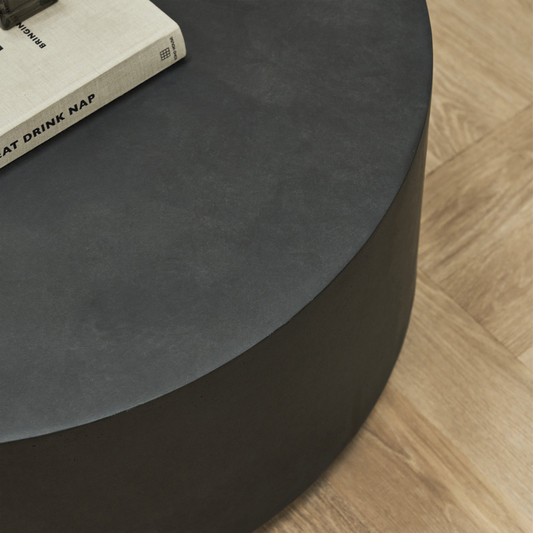 Closeup of Large minimal onyx round coffee table