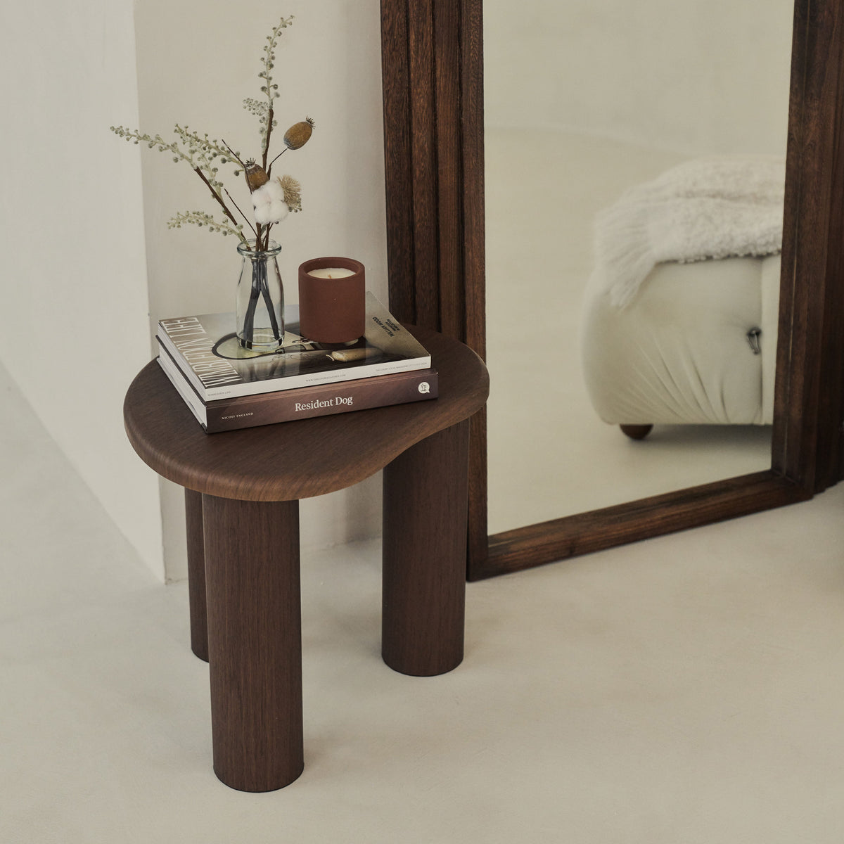 Detail shot of Full Length Arched Charred Wood Mirror' stepped frame design beside side table