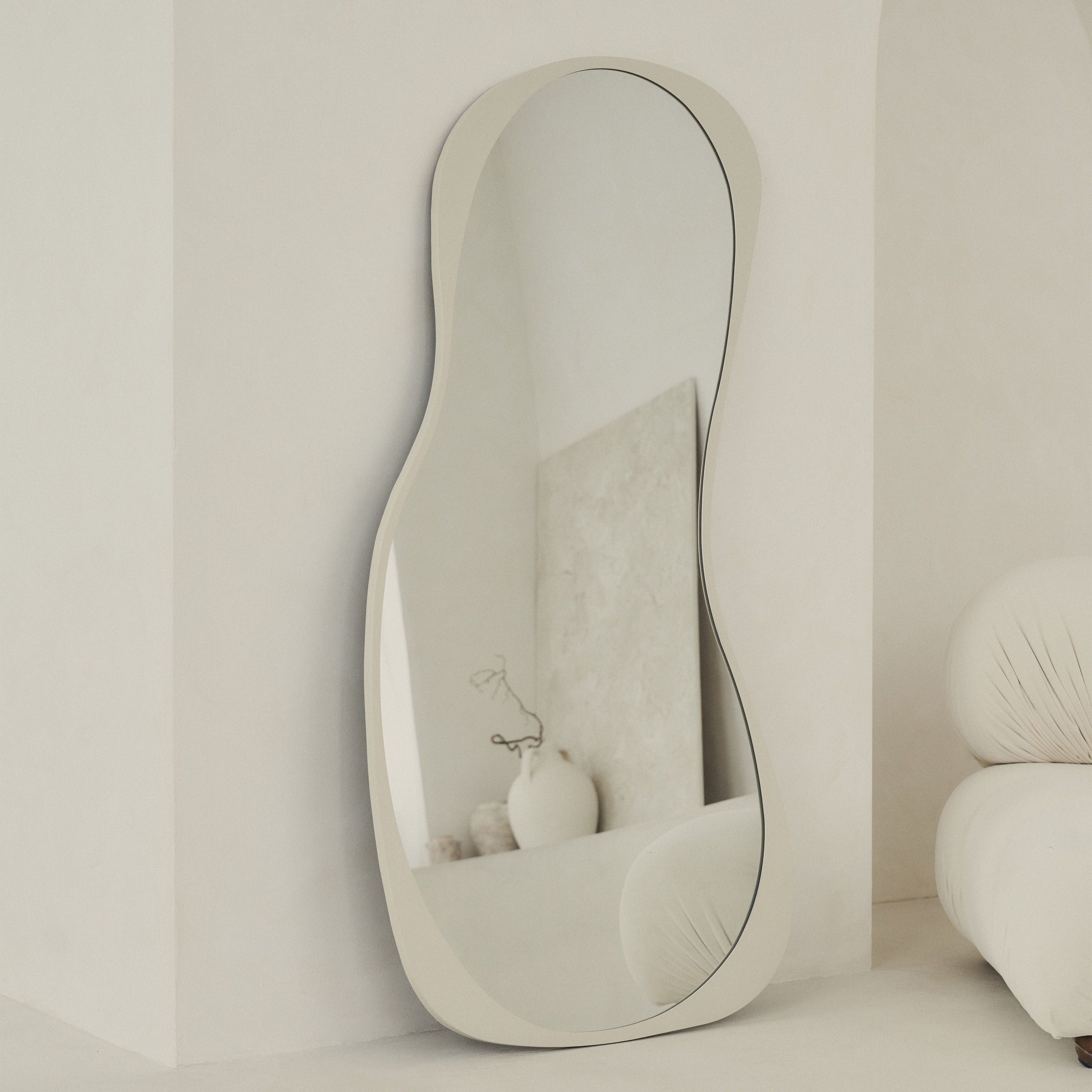 Large Full Length Concrete Metal Irregular Mirror leaning against wall