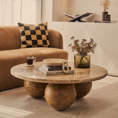 Melrose - Light Emperador Marble Round Warm Wood Premium Coffee Table