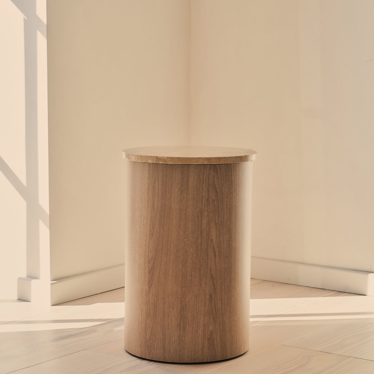 Madison - Beige Travertine Round Washed Wood Side Table