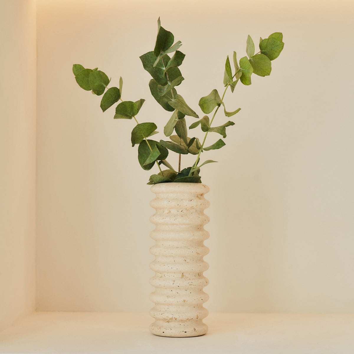 Varella - Large Cream Travertine Ribbed Decorative Vase 25cm