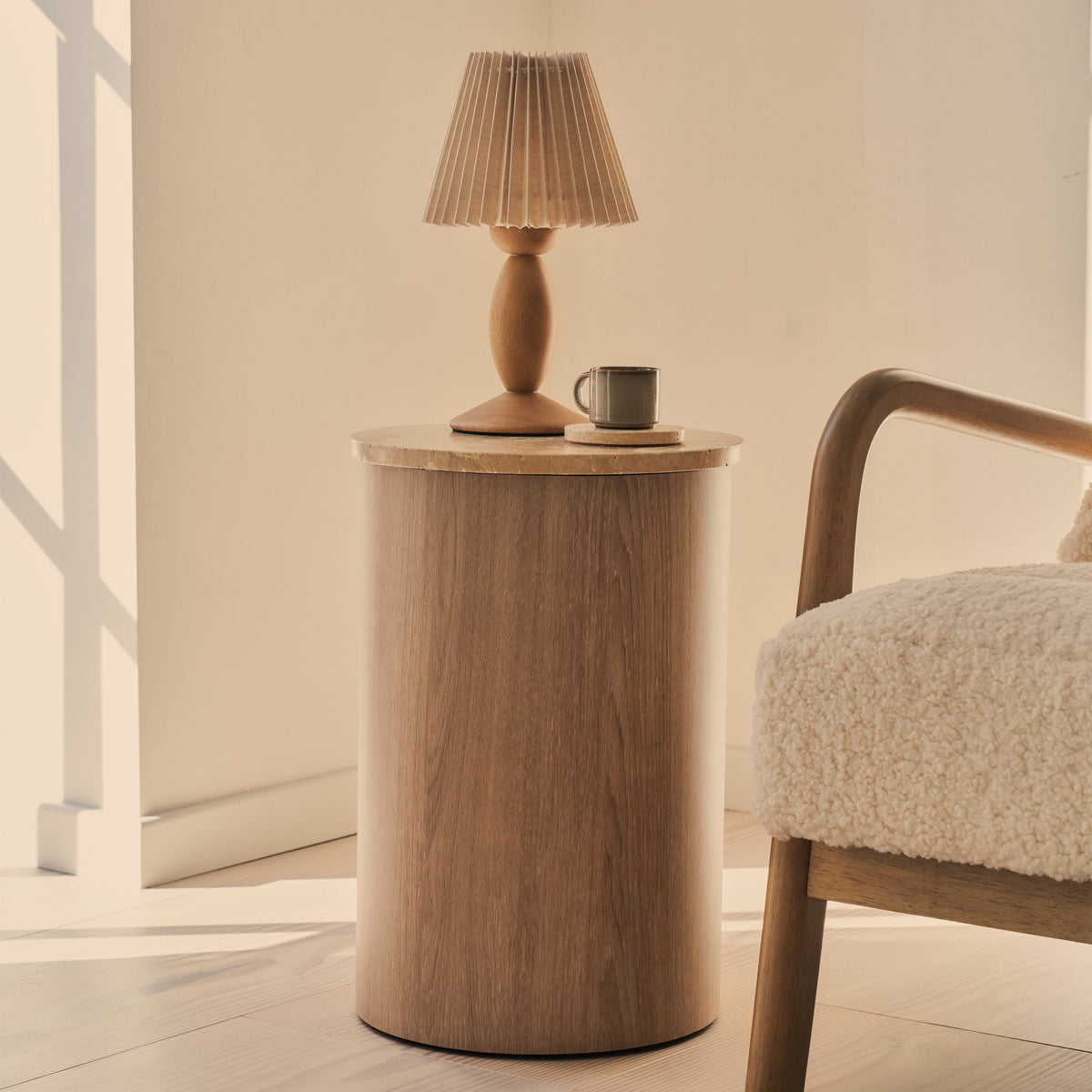 Madison - Beige Travertine Round Washed Wood Side Table