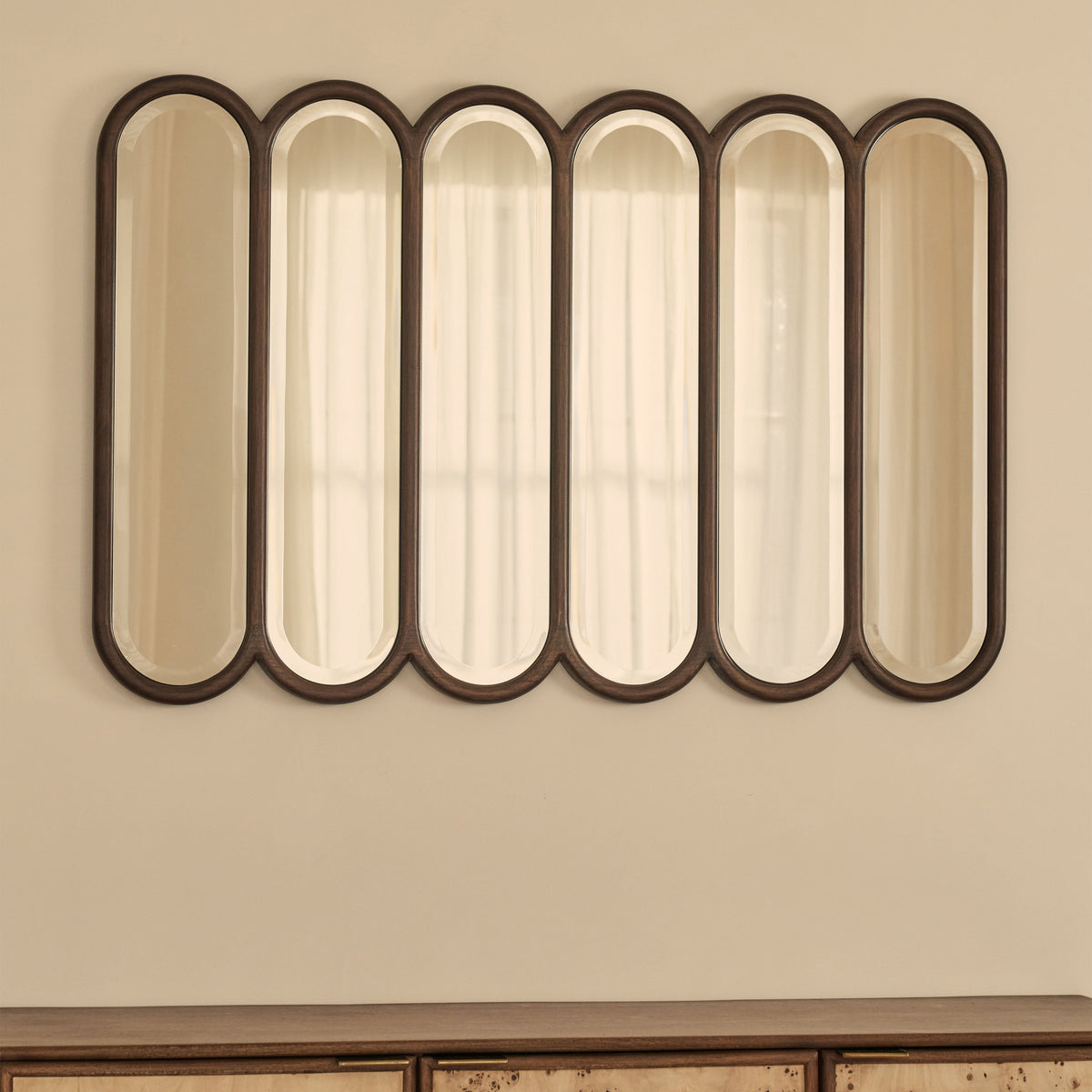 Reims - Dark Wood Arched Panel Wooden Mirror 120cm x 80cm