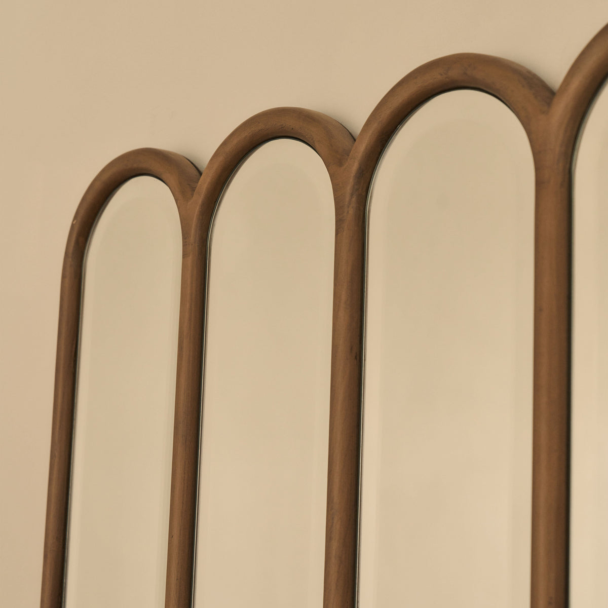 Reims - Warm Wood Arched Panel Wooden Mirror 120cm x 80cm