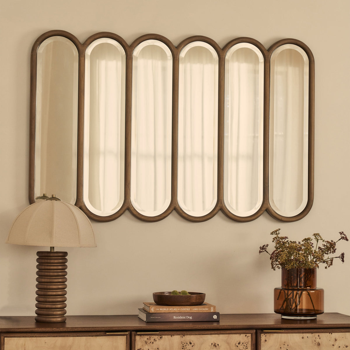 Reims - Warm Wood Arched Panel Wooden Mirror 120cm x 80cm