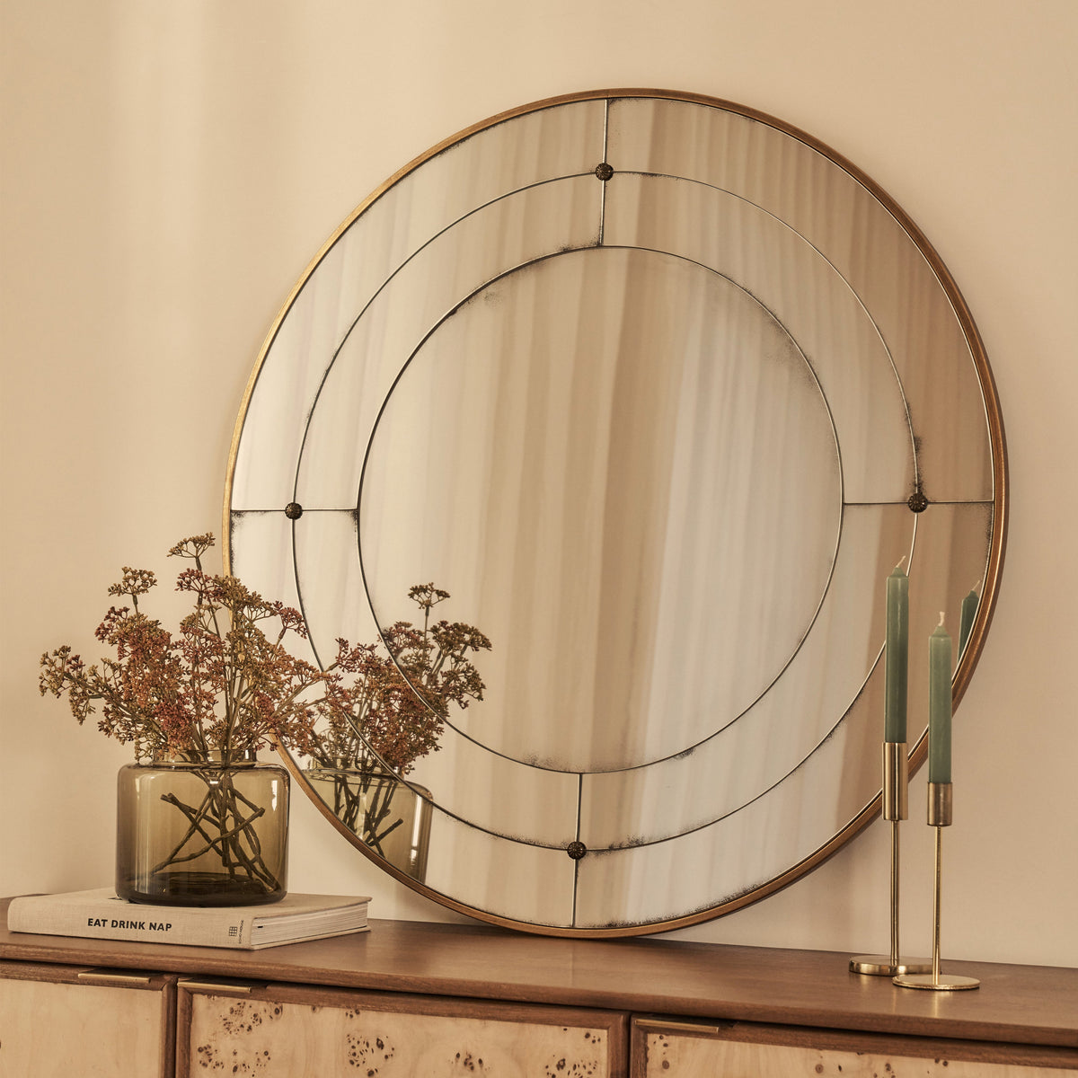 Teramo - Gold Antique Glass Round Metal Wall Mirror 90cm x 90cm